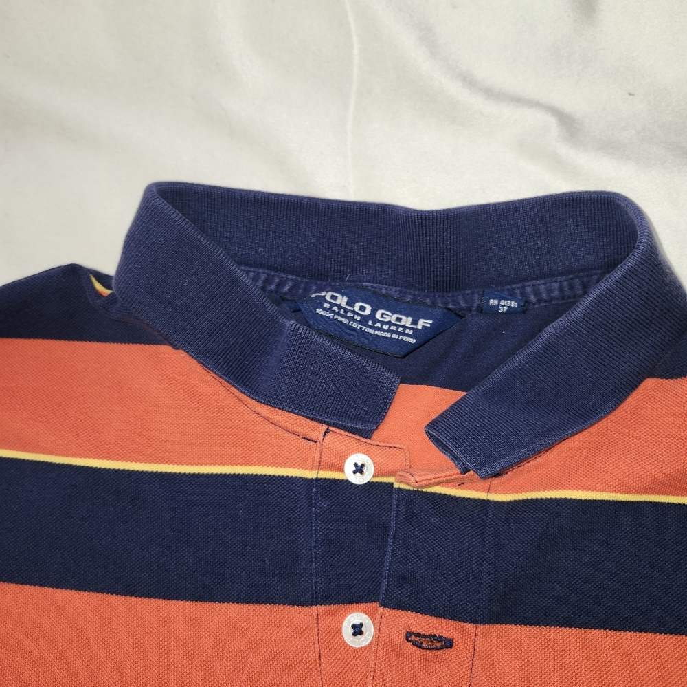Polo by Ralph Lauren Golf Oakmont Men's Orange and Navy Striped Shirt - Picture 2 of 6